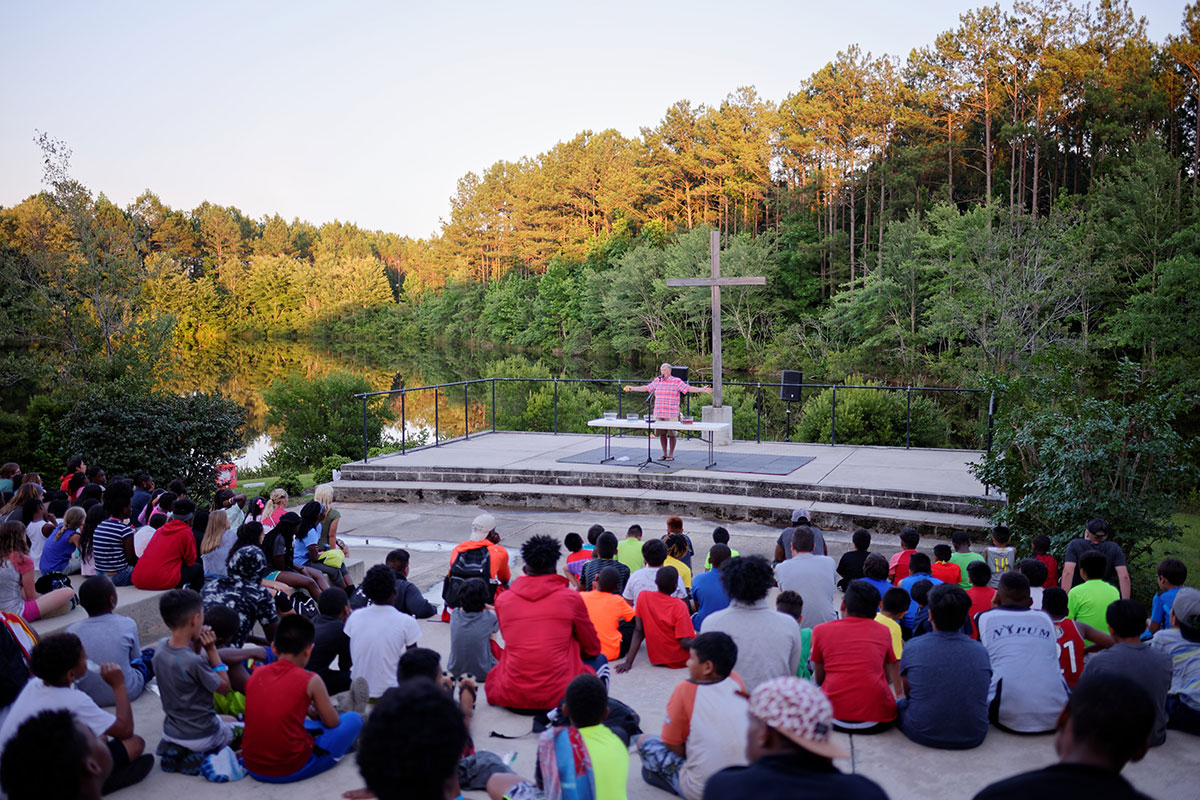 Campers gathered at the Camp Grace amphitheater